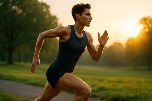 Athletic runner sprinting at sunrise in a park — symbolising fat‑burning and high‑intensity exercise / Gün doğumunda parkta sprint atan atletik koşucu — yağ yakımı ve yüksek yoğunluklu egzersizi simgeler