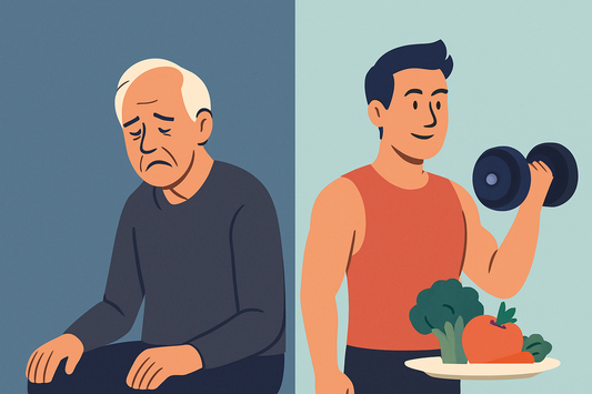 Yaşlı ve durgun bir beden ile aktif, sağlıklı bir bedenin yan yana gösterildiği illüstrasyon – Illustration contrasting a tired older man with a fit younger man holding a dumbbell and fresh veggies, symbolizing slowed vs. boosted metabolism.