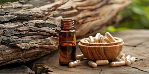 Yohimbine in liquid and capsule form on a wooden table | Tahta masa üzerinde sıvı ve kapsül formda yohimbine takviyesi